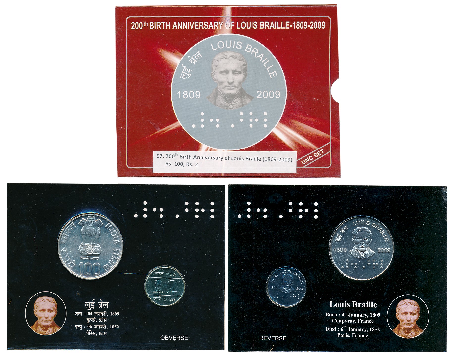 2009, Uncirculated Set of 2, Rupees, 100 & 2, “200th Birth Anniversary of Louis Braille”, 