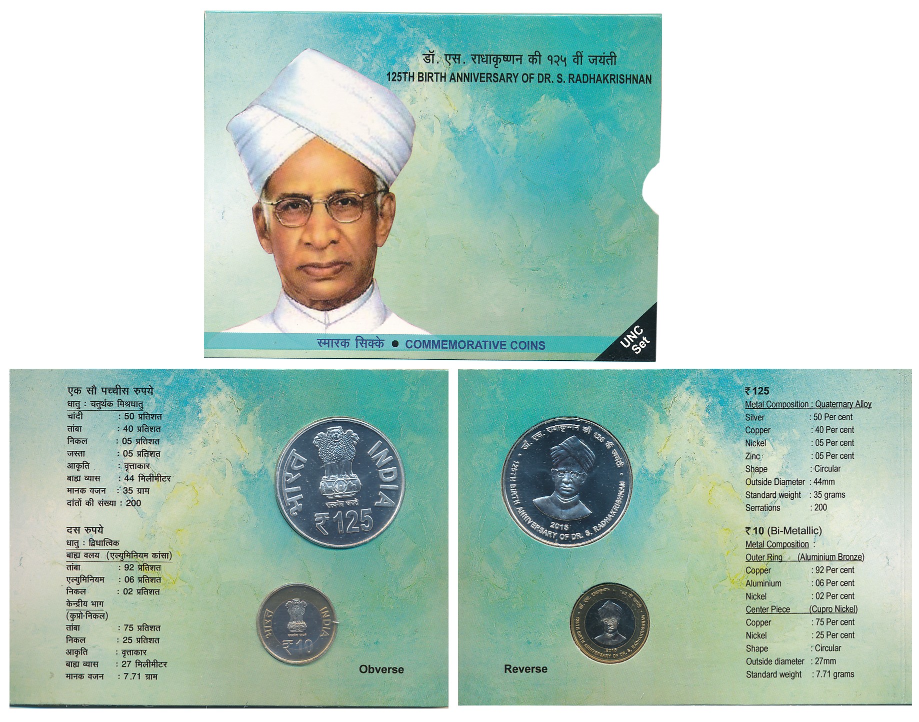2015, Uncirculated Set of 2, Rupees 125 & 10, “125th Birth Anniversary of Dr. S. Radhakris