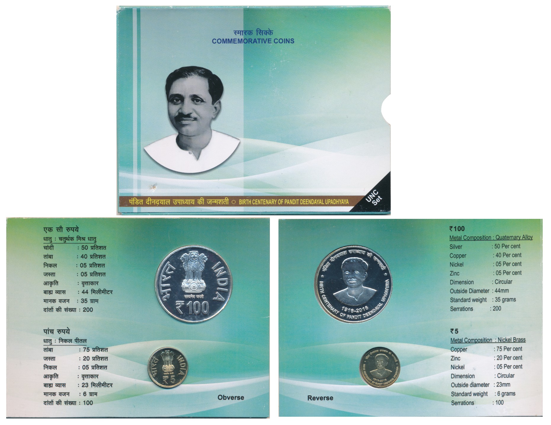 2016, Uncirculated Set of 2, Rupees 100 & 5, “Birth Centenary of Pandit Deendayal Upadhyay