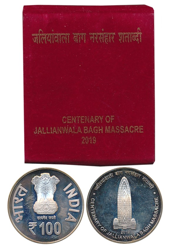 2019, Uncirculated Rupees 100, “Centenary of Jallianwala Bagh Massacre”. With Red box.