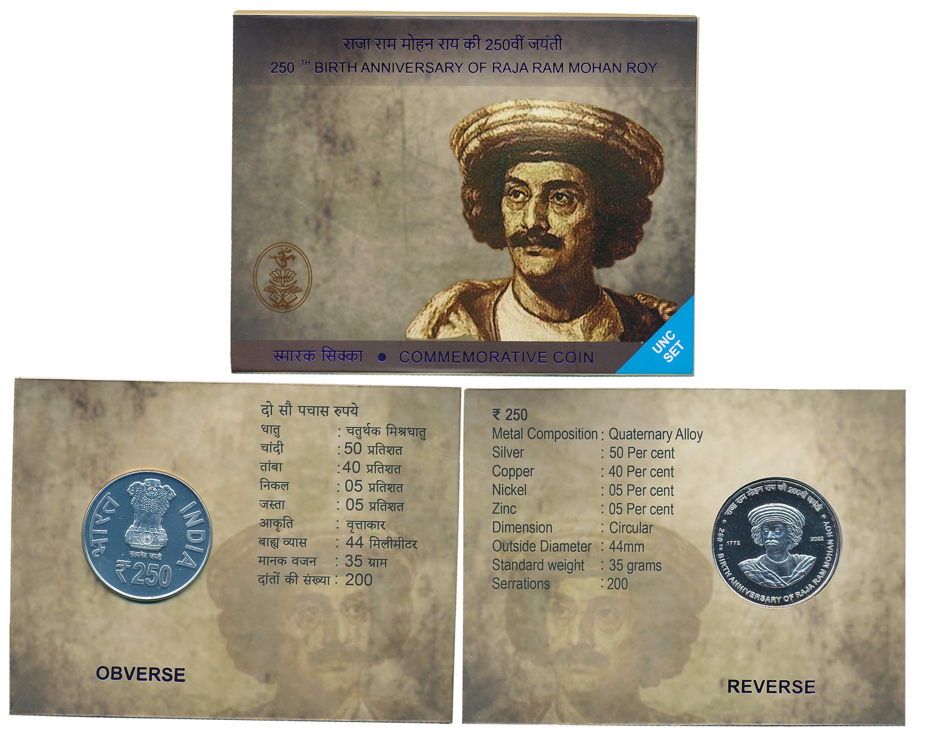2022, Uncirculated, Silver, Rupees 250, “250th Birth Anniversary of Raja Ram Mohan Roy”, K