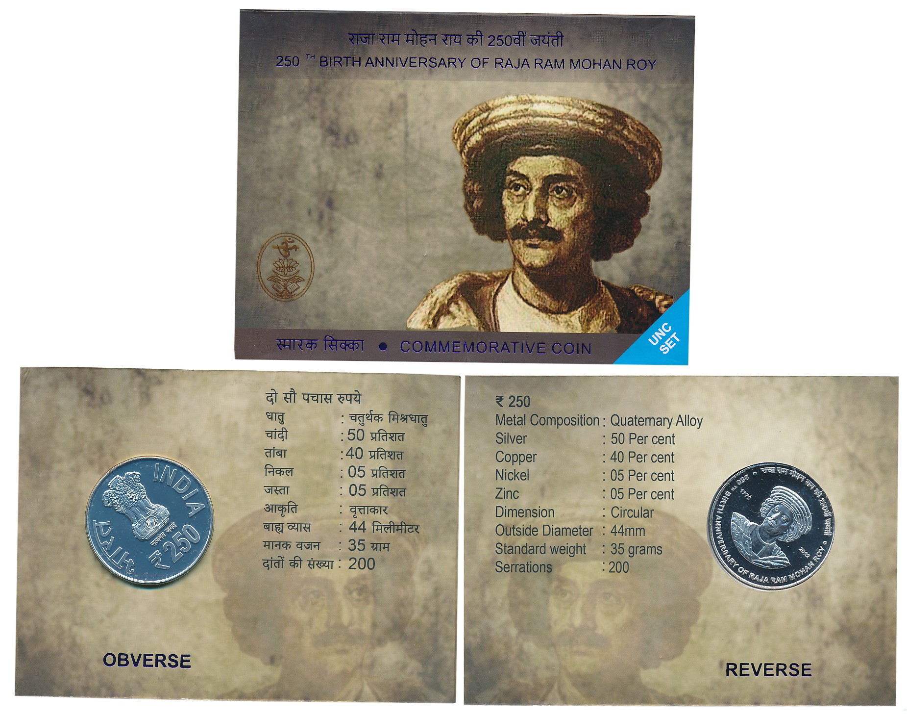 2022, Uncirculated, Rupees 250, “250th Birth Anniversary of Raja Ram Mohan Roy”, Kolkata M