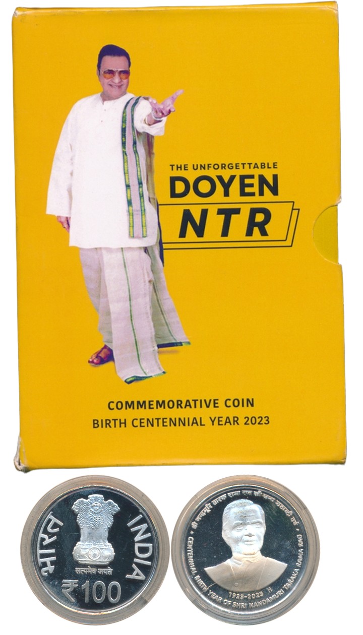 2023, Uncirculated, Silver Rupees 100, “The Unforgettable Doyen NTR- Birth Centenary Year 