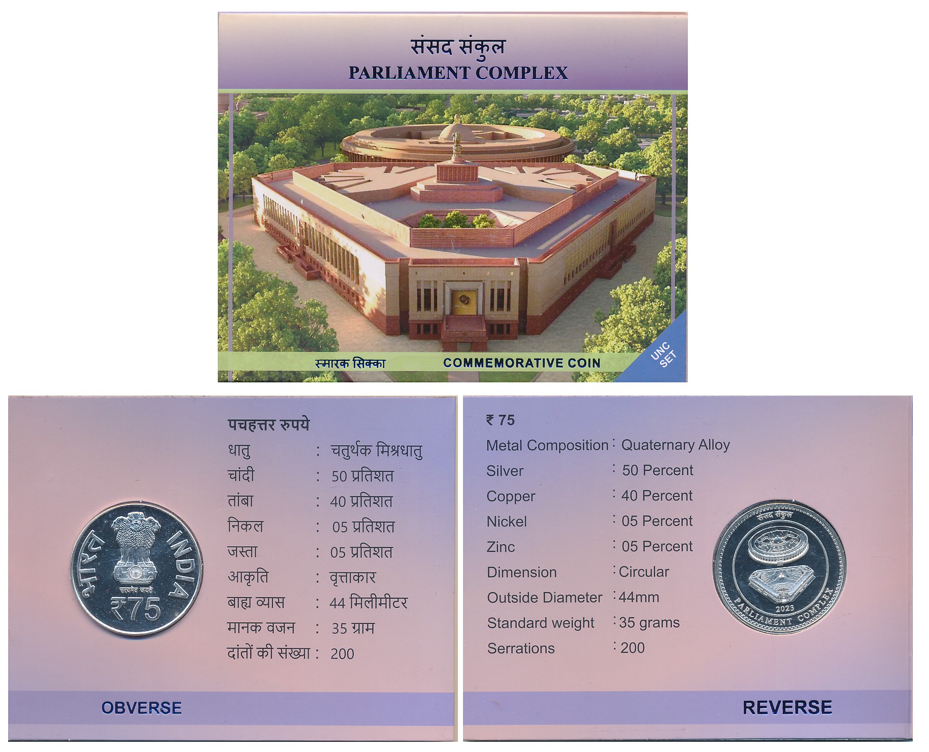 2023, Uncirculated, Rupees 75, “Parliament Complex”, Kolkata Mint. In blister pack.