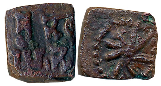 Tribal, Vrishnis, Copper, 1.58g, Obv: Sudarshan Chakra, Rev: Brahmi legend “Jaya sasya” in
