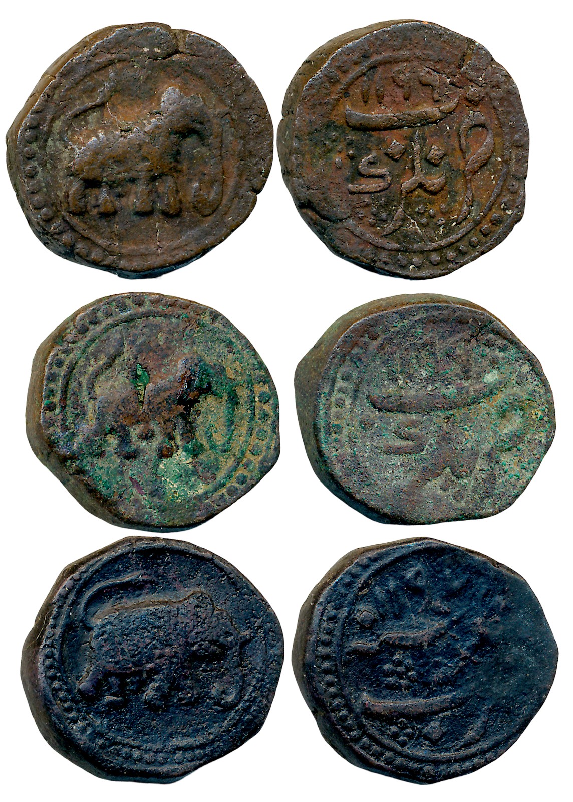 Tipu Sultan, Copper Paisa (3), 10.91g, 11.17g, 11.67g, Nagar Mint, AH 1197, 1199, 1199, El
