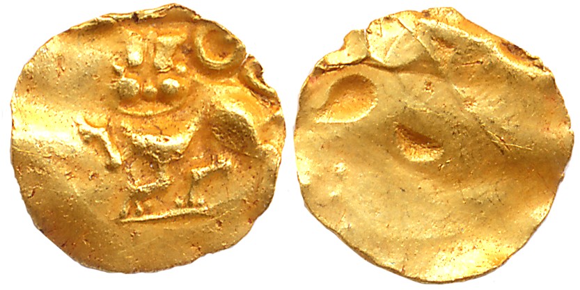 Yadavas of Devagiri, Ramachandra Deva, Gold Hana or Fanam, 0.18g, Obv: Lion standing with 