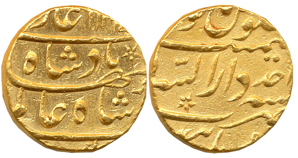 Shah Aalm, Gold Mohur, 11.03g, Dar us Sarur Burhanpur Mint, AH 1124/ RY Ahad (KM# 356.3). 