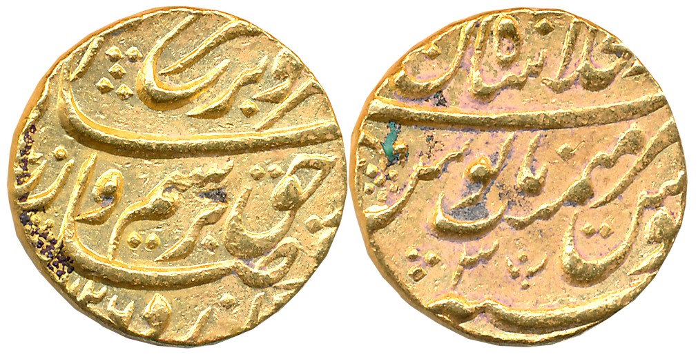 Farrukhsiyar, Gold Mohur, 10.93g, Dar ul Khilafat Shahjahanabad Mint, AH 1126/ RY 3 (KM# 3