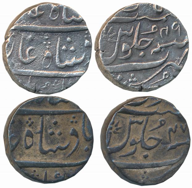 Silver Rupees (2), 11.27g, 11.47g, Surat Mint, in the name of Shah Alam II, RY 48, 49. Ver