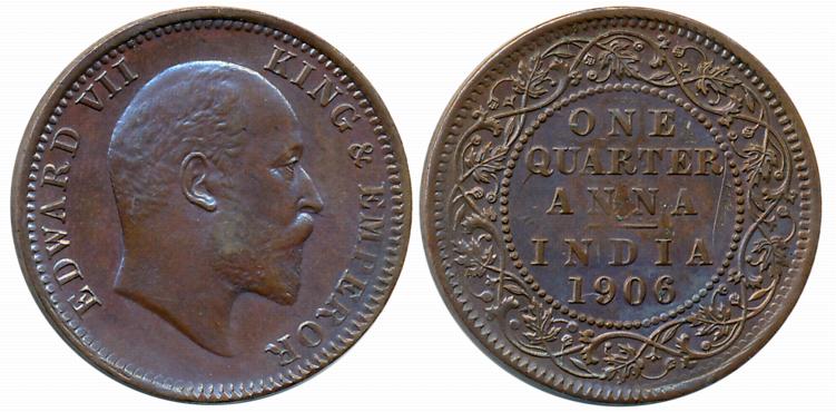 Edward VII, Bronze 1/4 Anna, 5.03g, 1906, Calcutta Mint. Some scratch mark on reverse othe