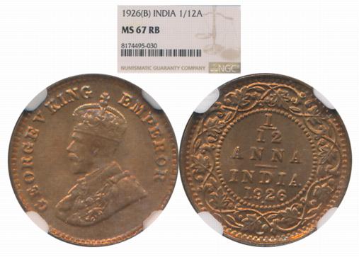 George V, Copper 1/12 Anna, 1926, Bombay Mint. Slab & Graded by NGC as MS 67 RB.