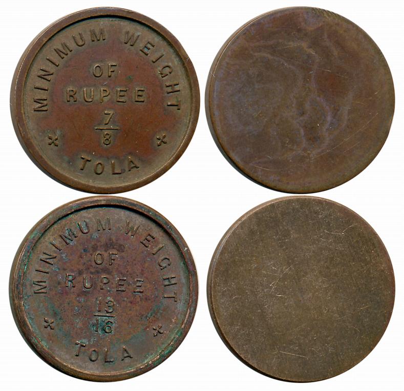 Minimum Weight of Rupee, 13/16 & 7/8 Copper Token, 10.20g, 9.47g. Very fine, rare. 2 Token
