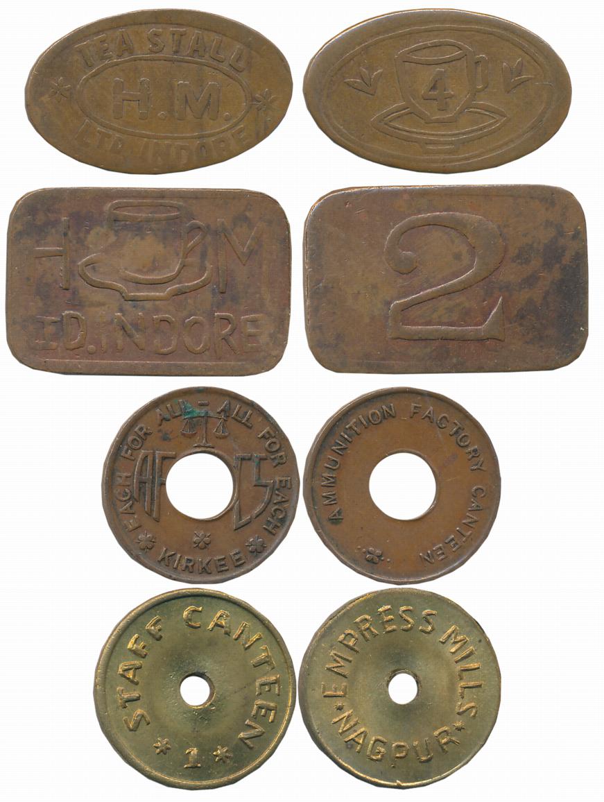 Canteen Token (4), 5.00g,3.30g,2.72g,1.92g, various types. Very fine. 4 Tokens.