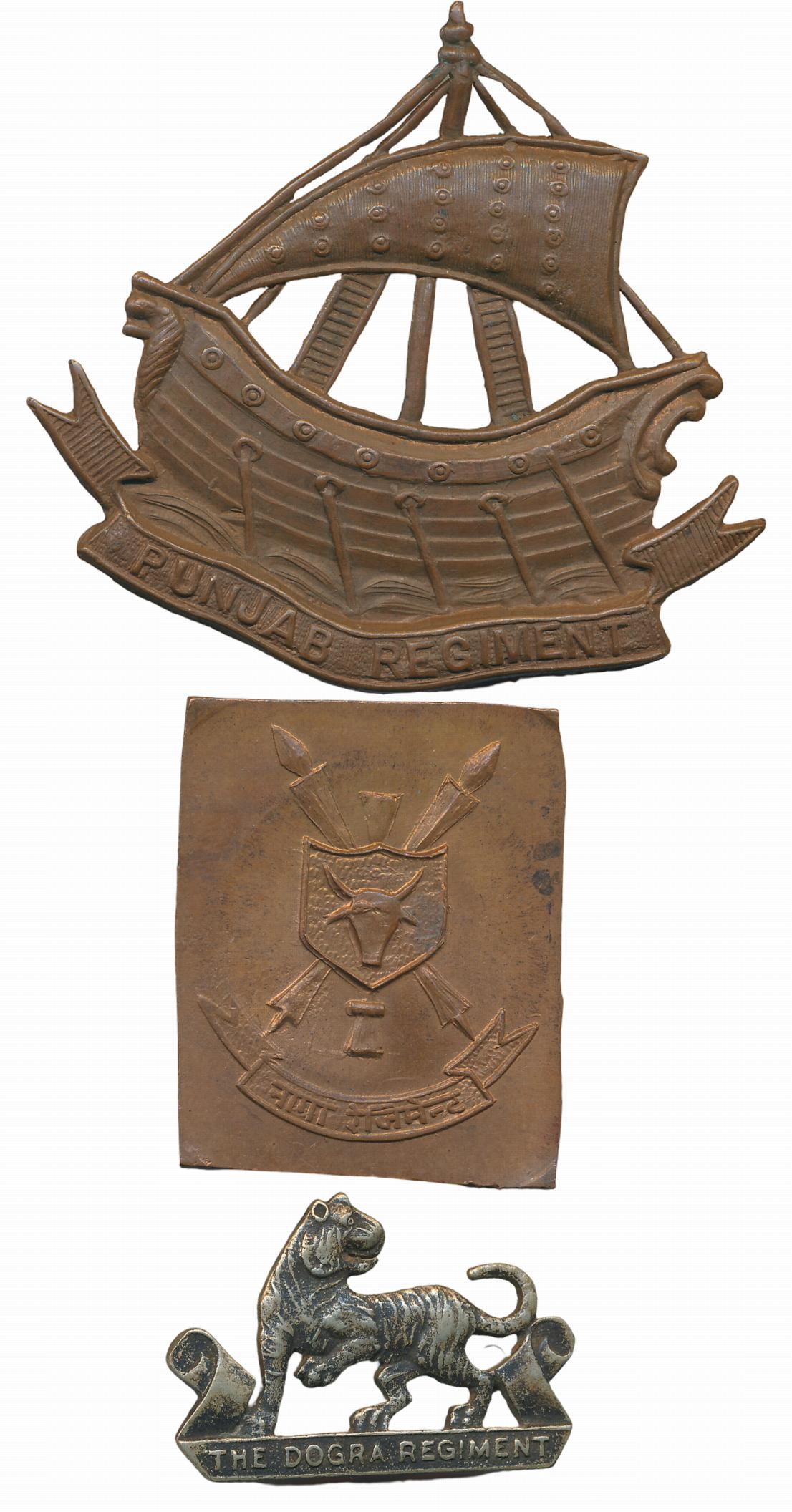 Army Cap Badges (3), Copper, 26.59g,11.61g, 9.65g, The Dogra Regiment, Punjab Regiment & N