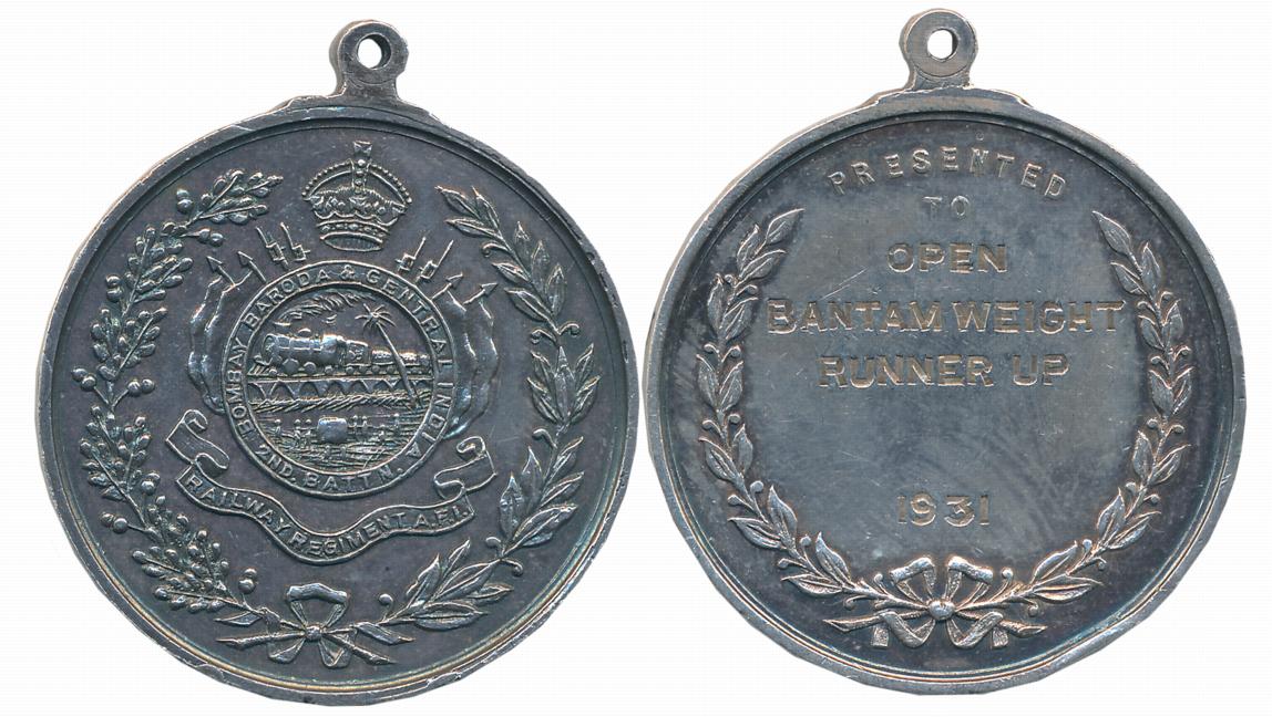 Railway Regiment AFI Silver Medal, 22.23g, 1931, Obv: THE Bombay Baroda & Central India Ra