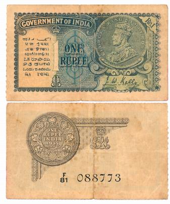George V, Rupee 1, 1935, 2nd issue, Type 3.2, Signed J.W. Kelly, Prefix F/81 (R IPM# 3.2.1