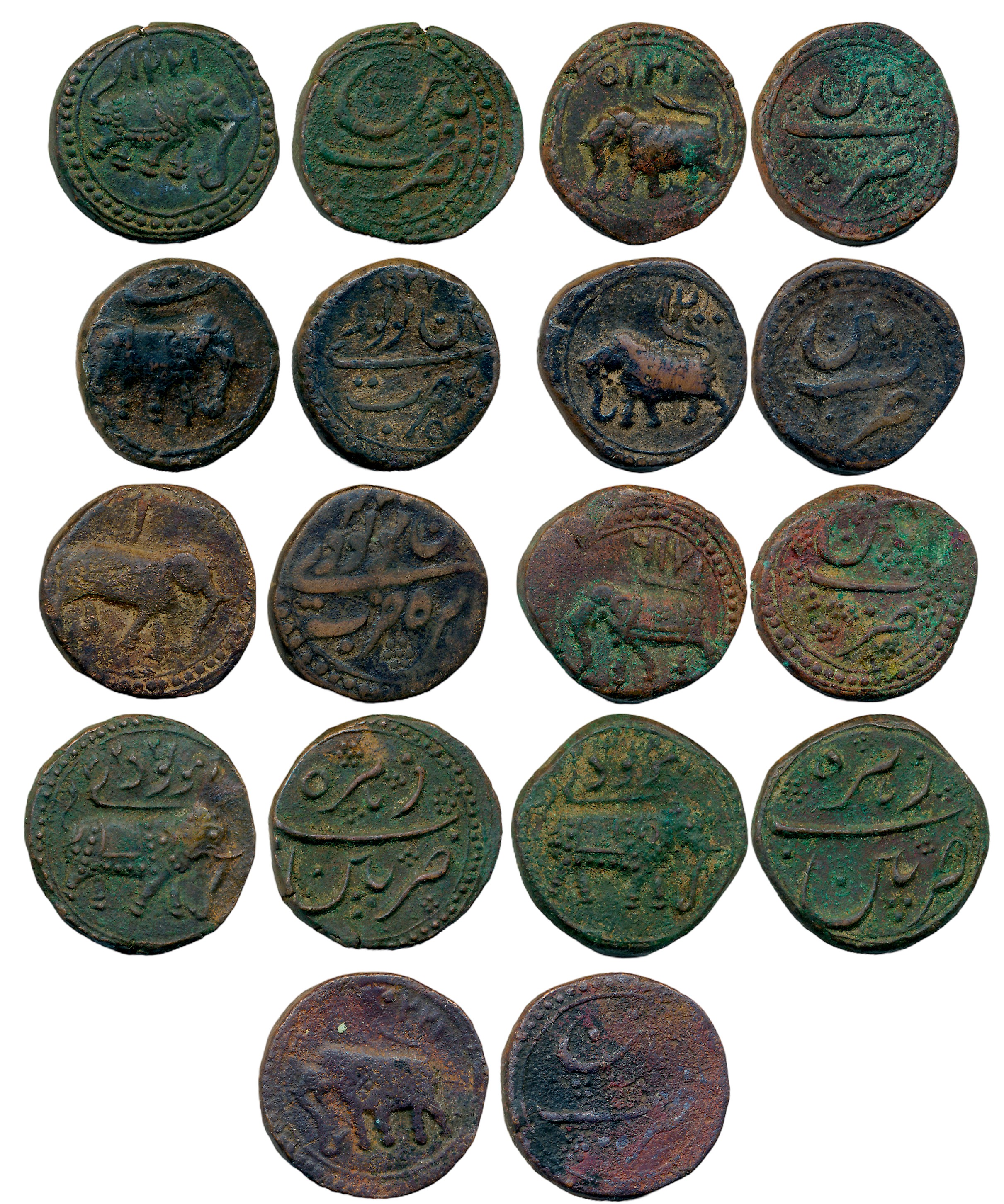 Tipu Sultan, Copper Paisa (9), Patan Mint, Elephant right & left, various dates. Fine to v