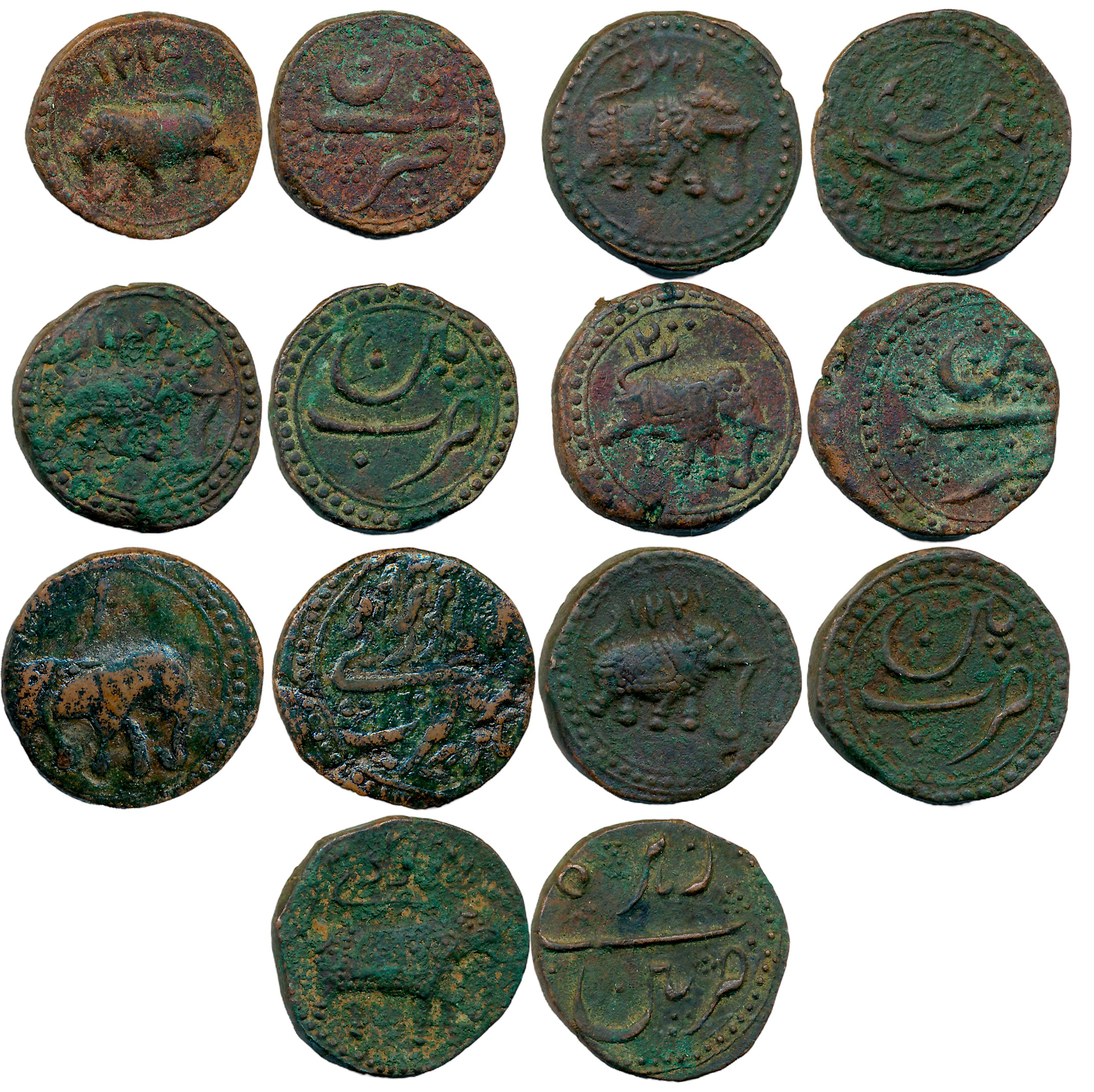 Tipu Sultan, Copper Paisa (7), Patan Mint, Elephant right & left, various dates. Fine to v