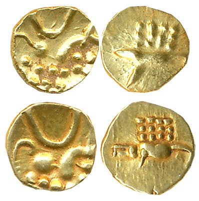Malabar Cost, Veera Raya, Gold Fanam (2), 0.39g, 0.36g, Obv: Stylized Lion, cresent above,
