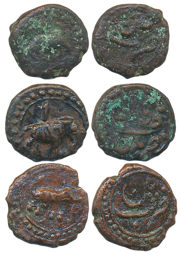 Tipu Sultan, Copper 1/8 Paisa (3), 1.24g, 1.29g, 1.37g, Patan Mint, Elephant Facing to rig