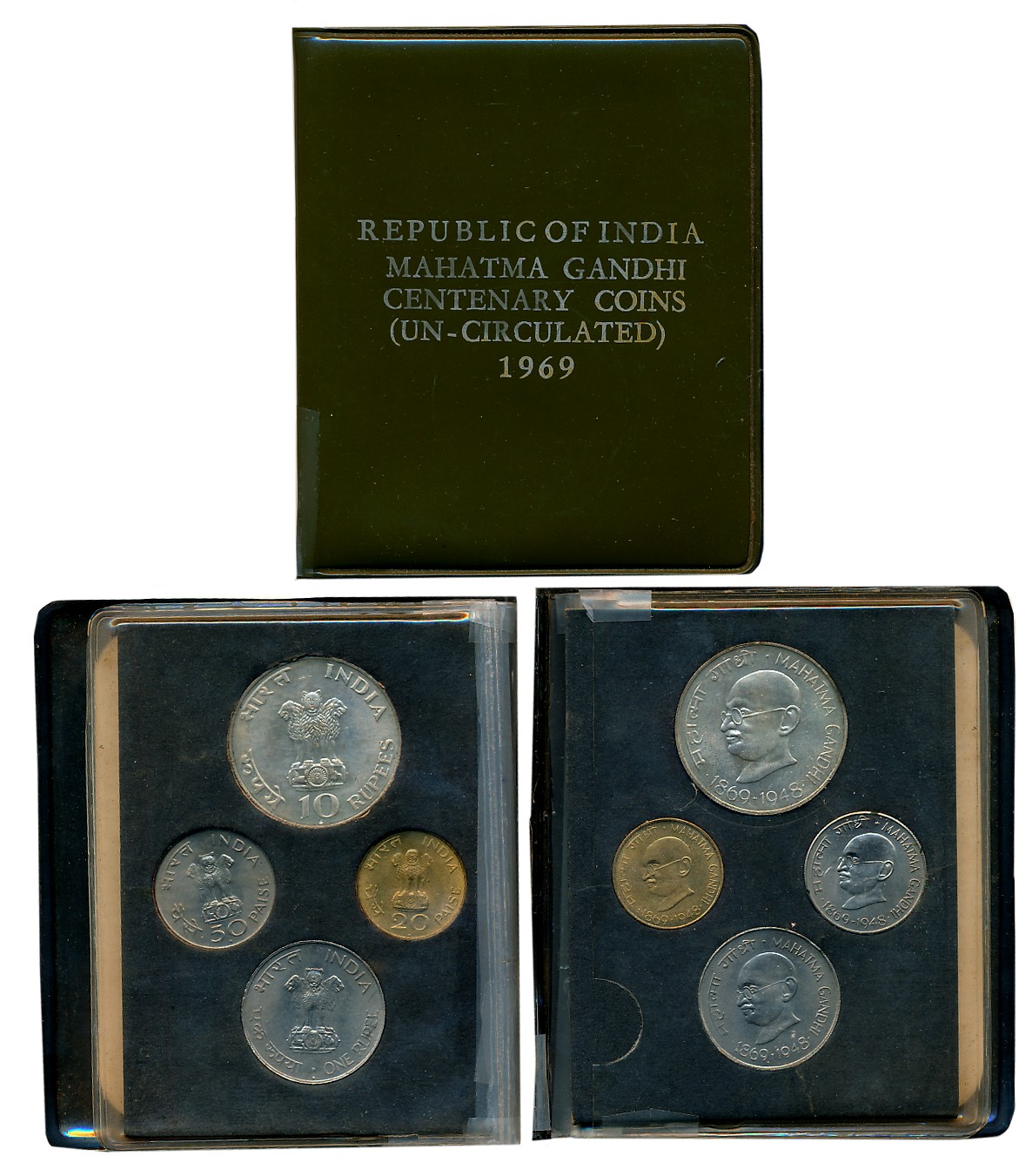1969, Uncirculated Set of 4, Rupees 10, 1 & Paisa 50, 20, "Mahatma Gandhi Centenary", Bomb