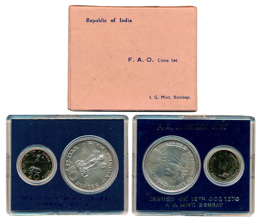 1970, Uncirculated Set of 2, Rupees 20 & 10 (F.A.O.), “Food For All”, Bombay Mint (RB# 24)