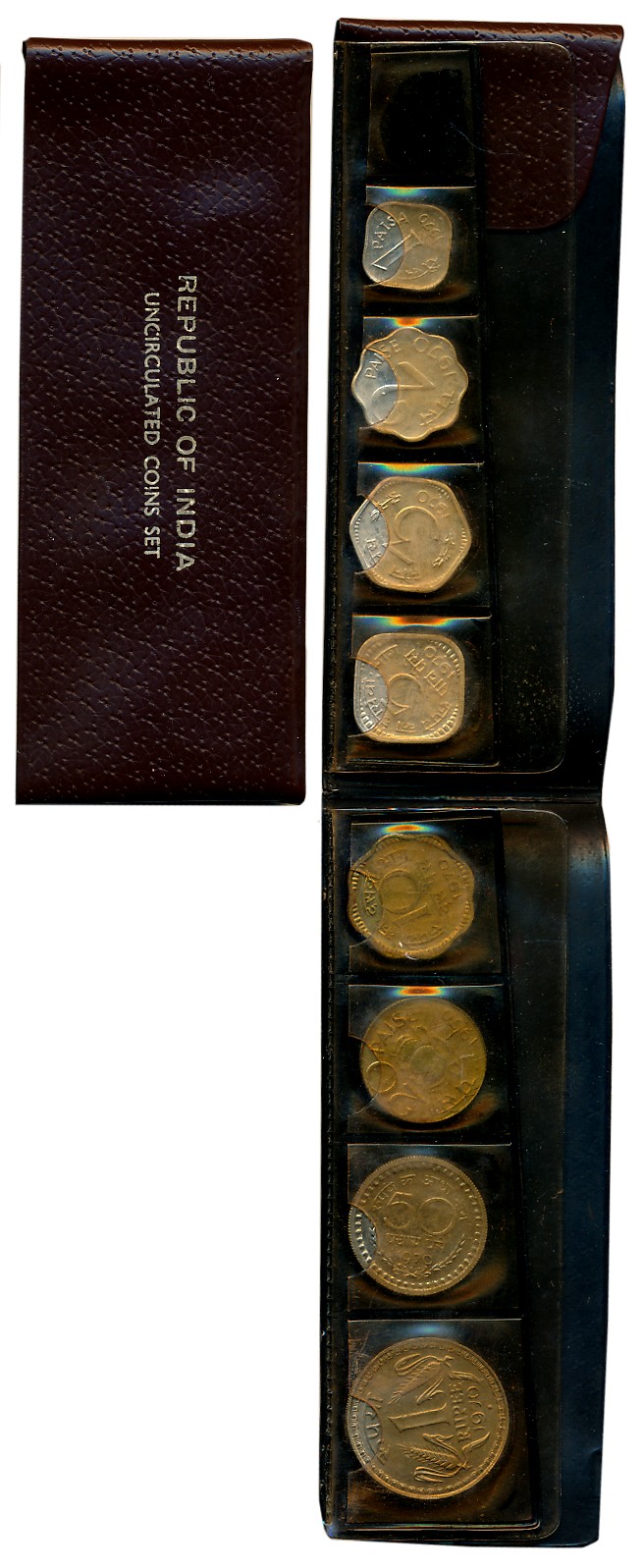 1970, Uncirculated strip of regular issue, Set of 8 coins, Rupee 1, Paise 50, 25, 10, 5, 3