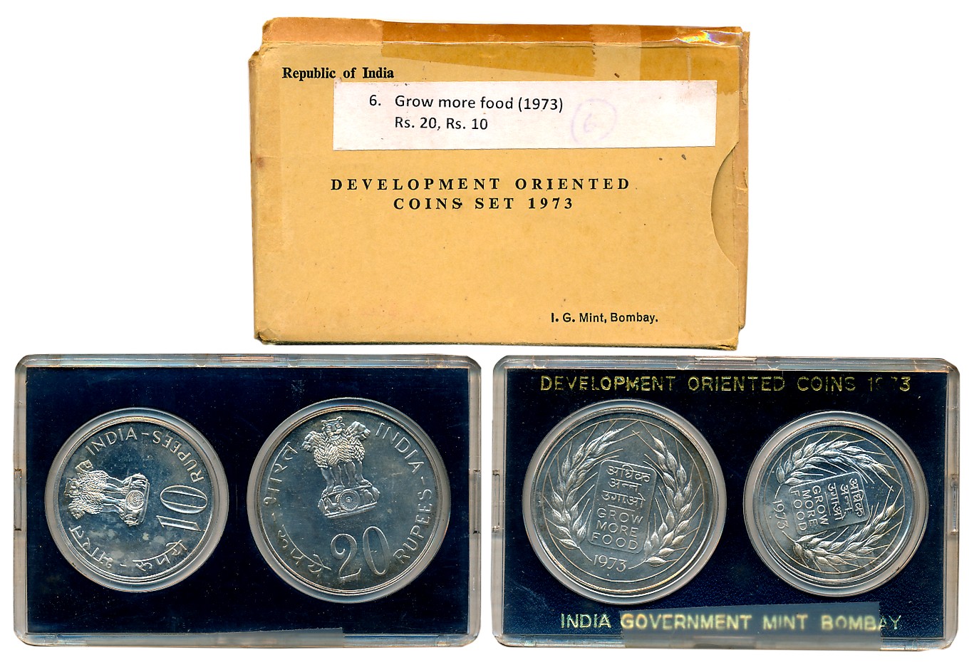 1973, Development Oriented Coins, Uncirculated Set of 2, Rupees 20 & 10, “Grow More Food”,