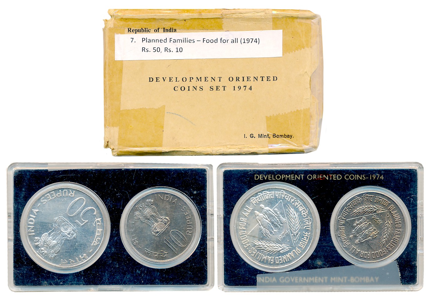 1974, Development Oriented Coins, Uncirculated set of 2, Rupees 50 & 10, “Planned Families
