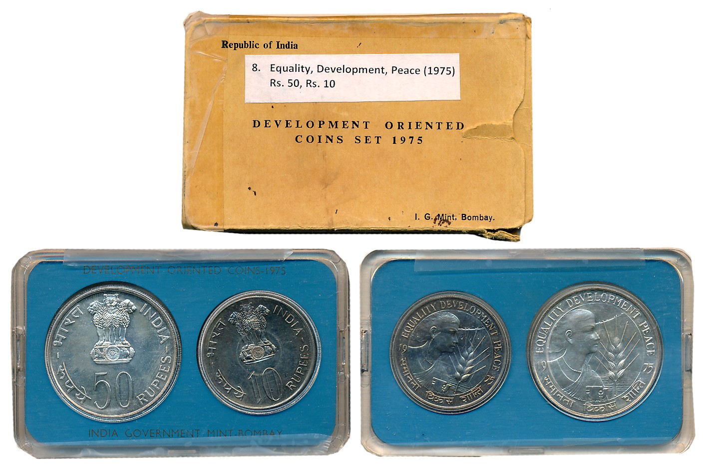1975, Development Oriented Coins, Uncirculated Set of 2, Rupees 50 and 10, “Equality, Deve