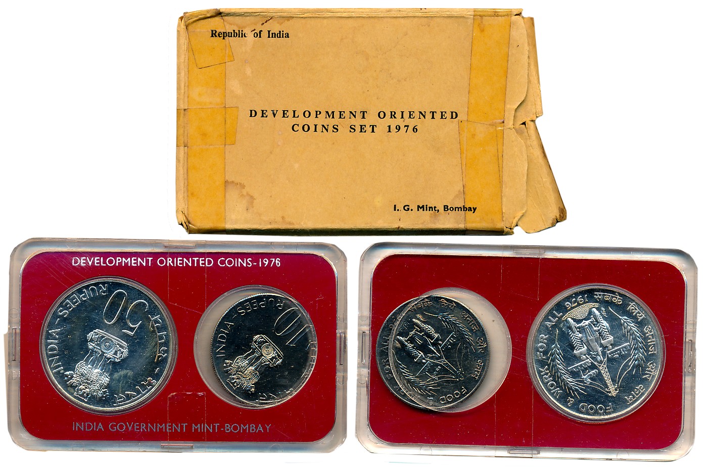 1976, Development Oriented Coins, Uncirculated Set of 2, Rupees 50 & 10, "Food & Work for 