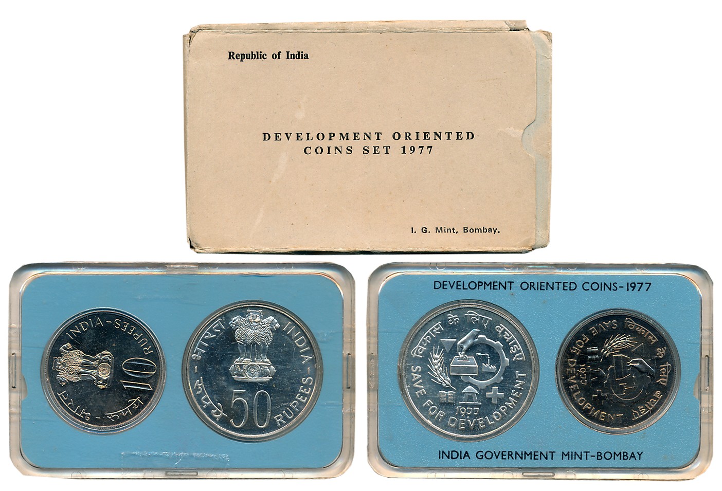 1977, Development Oriented Coins, Uncirculated Set of 2, Rupees 50 & 10, “Save for Develop