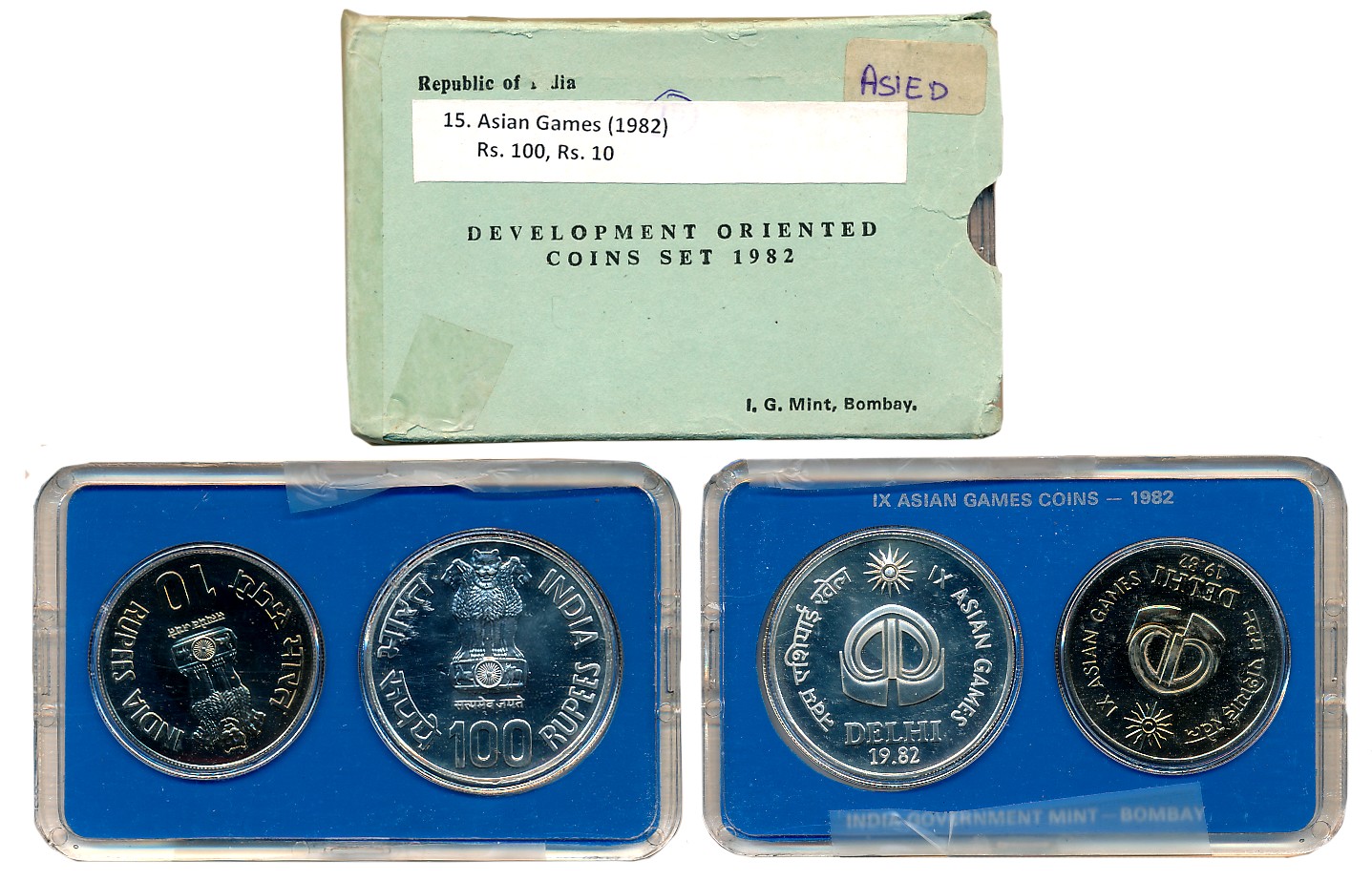 1982, Uncirculated Set of 2, Rupees 100 & 10, Development Oriented coins, “IX Asian Games,