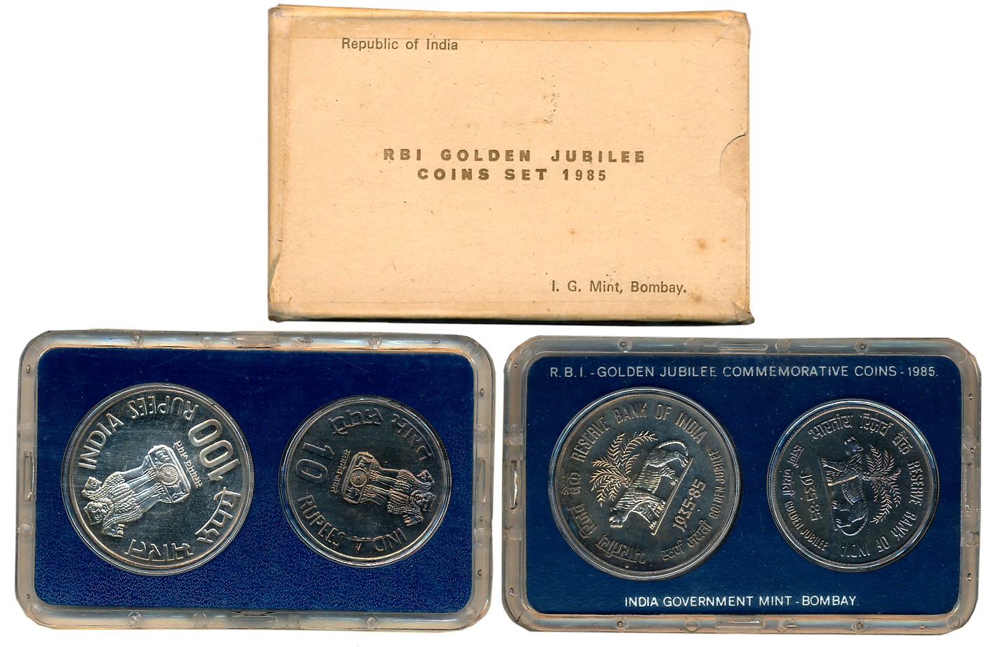 1985, Uncirculated set of 2, Silver Rupees 100 & 10, “Reserve Bank of India Golden Jubilee