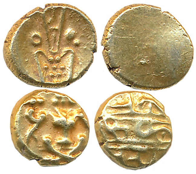 Gold Fanam (2), 0.38g, 0.38g, Narsimha & Veera Raya type. Very fine. 2 coins.