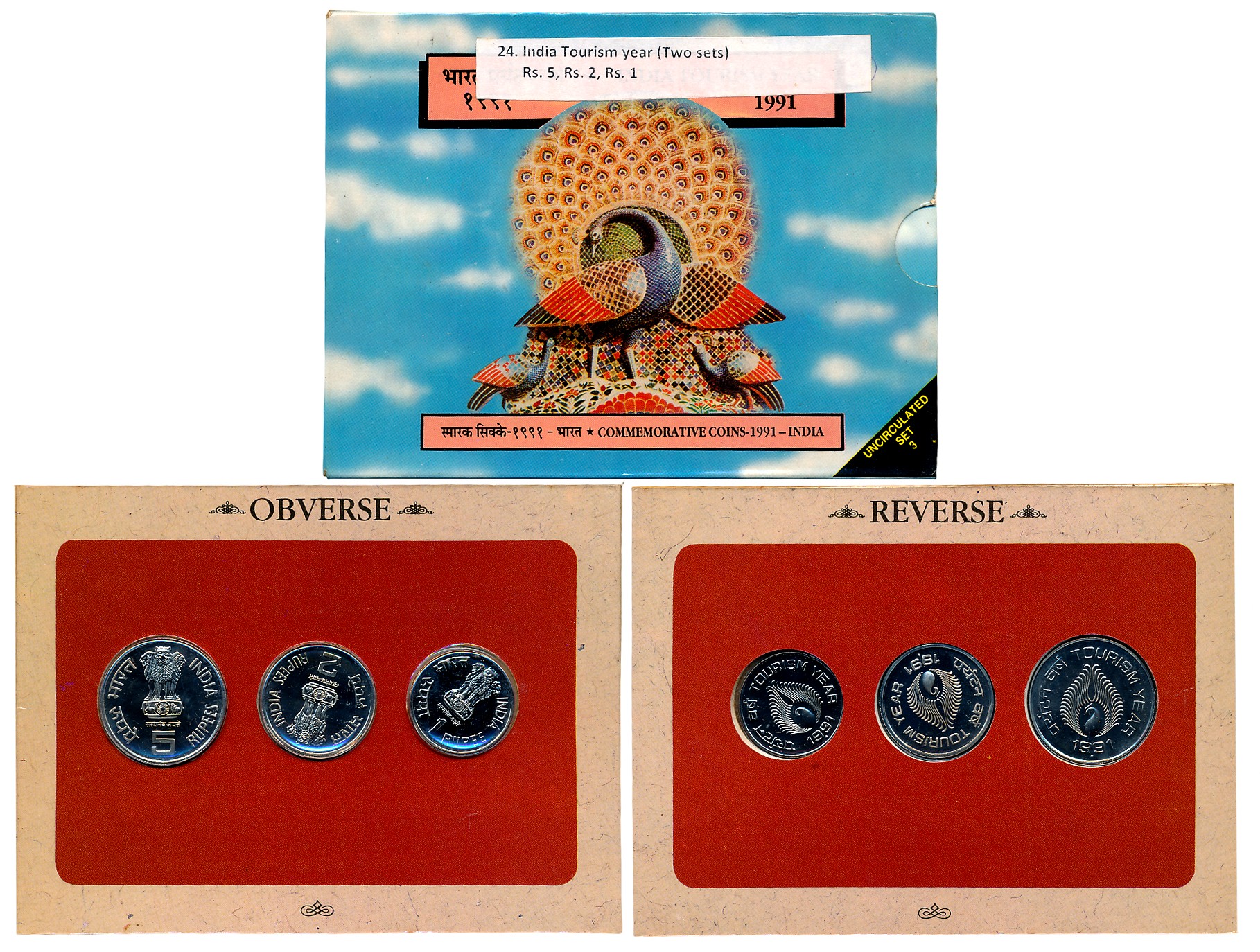 1991, Proof Set of 3, Rupees 5, 2 & 1, with Mint emblem, “India Tourism Year”, Bombay Mint