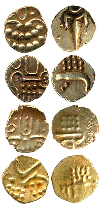 Assorted Gold Fanams (4), Various variety. Very fine to very fine+. 4 coins.