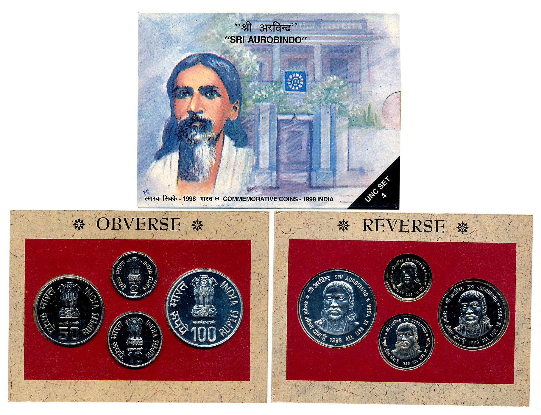 1998, Uncirculated Set of 4, Rupees 100, 50, 10 & 2, “Sri Aurobindo- All Life is Yoga”, Mu