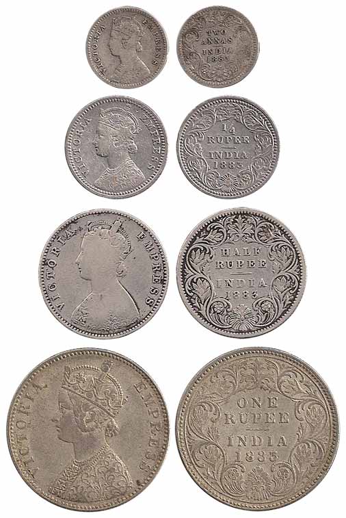 Victoria Empress, Silver (4), Set of 4: Rupee, ½, ¼ Rupee and 2 Annas, 1883. Very Fine to 