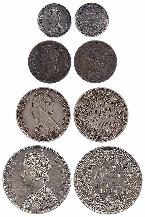 Victoria Empress, Silver (4), Set of 4: Rupee, ½, ¼ Rupee and 2 Annas, 1884. Very Fine+, R