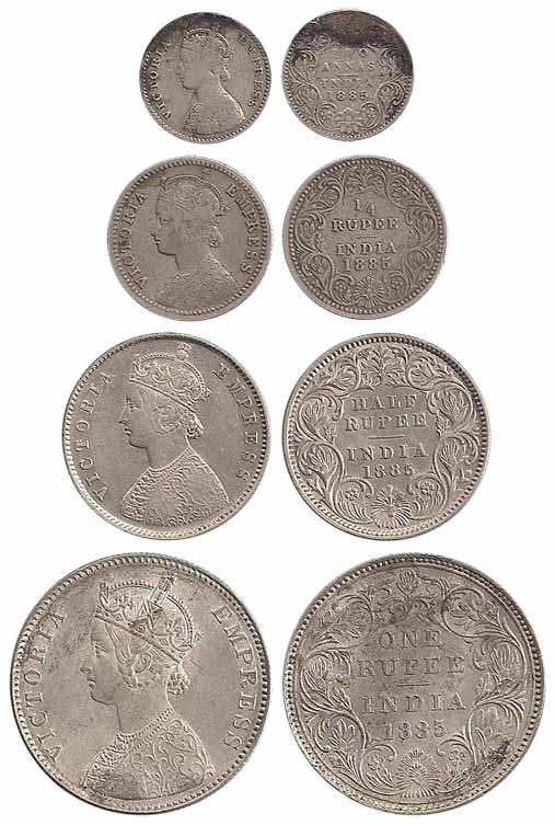 Victoria Empress, Silver (4), Set of 4: Rupee, ½, ¼ Rupee and 2 Annas, 1885. Very Fine to 