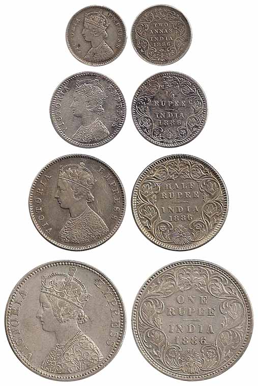 Victoria Empress, Silver (4), Set of 4: Rupee, ½, ¼ Rupee and 2 Annas, 1886. Very Fine to 