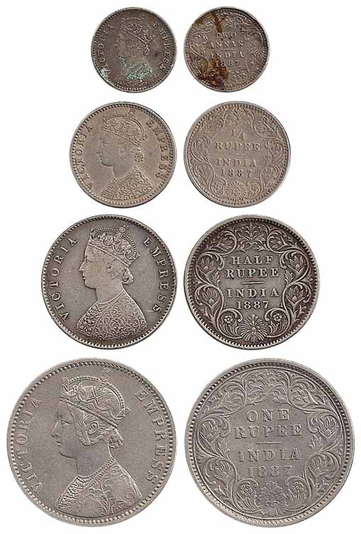 Victoria Empress, Silver (4), Set of 4: Rupee, ½, ¼ Rupee and 2 Annas, 1887. Very Fine to 