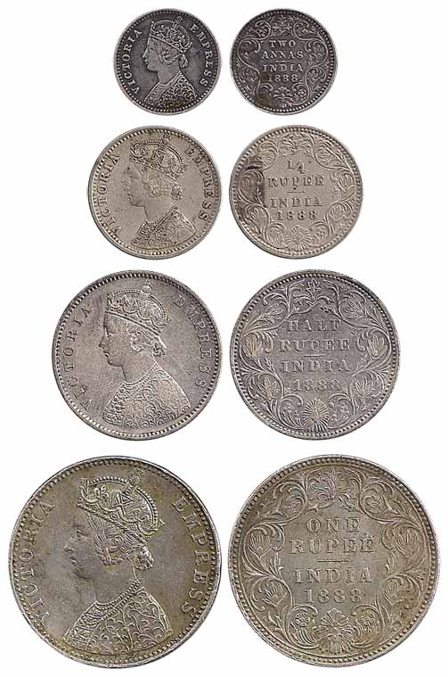Victoria Empress, Silver (4), Set of 4: Rupee, ½, ¼ Rupee and 2 Annas, 1888. Very Fine to 
