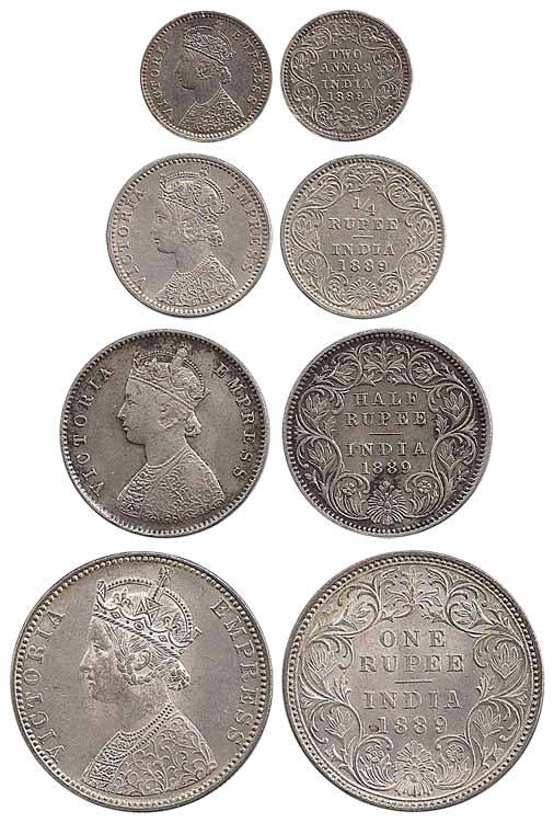 Victoria Empress, Silver (4), Set of 4: Rupee, ½, ¼ Rupee and 2 Annas, 1889. Very Fine to 