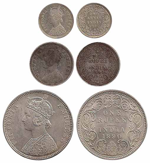 Victoria Empress, Silver (3), Set of 3: Rupee, ¼ Rupee and 2 Annas, 1890. ½ Rupee in this 