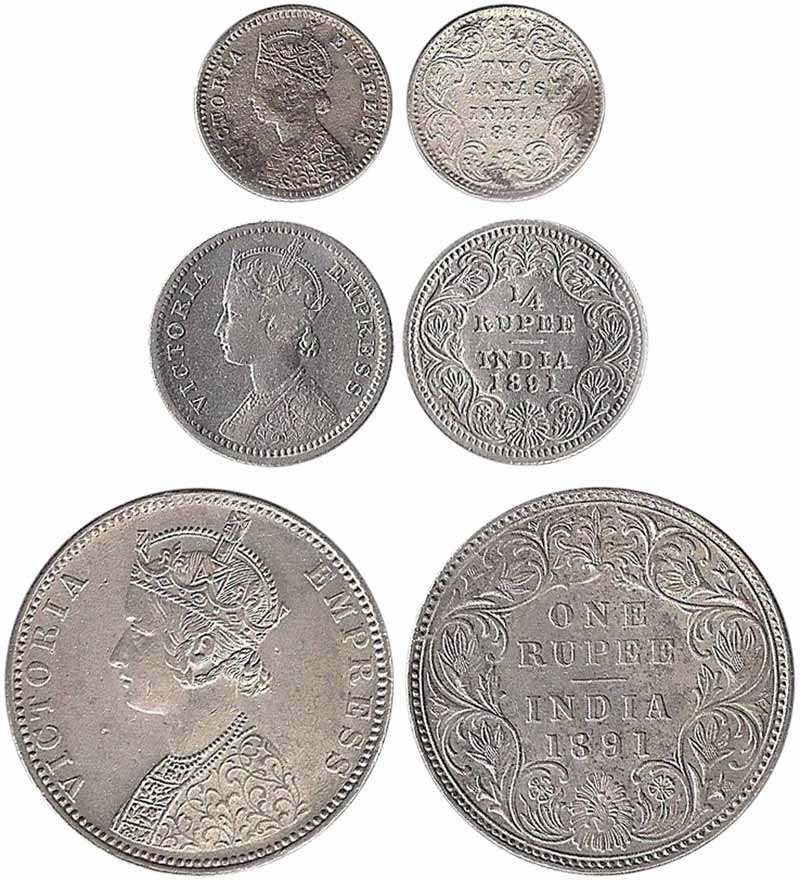 Victoria Empress, Silver (3), Set of 3: Rupee, ¼ Rupee and 2 Annas, 1891. ½ Rupee in this 