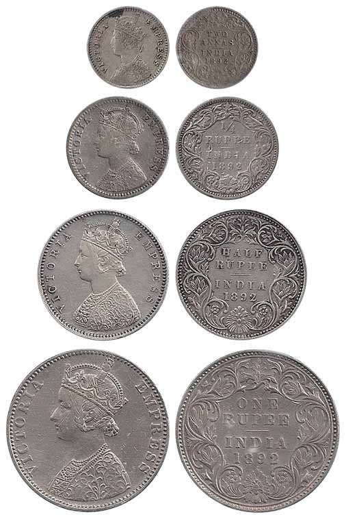 Victoria Empress, Silver (4), Set of 4: Rupee, ½, ¼ Rupee and 2 Annas, 1892. Very Fine to 