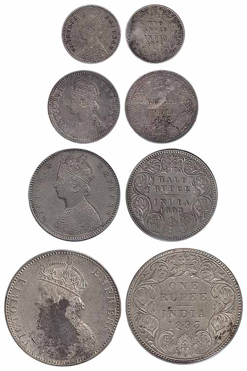 Victoria Empress, Silver (4), Set of 4: Rupee, ½, ¼ Rupee and 2 Annas, 1893. Very Fine to 